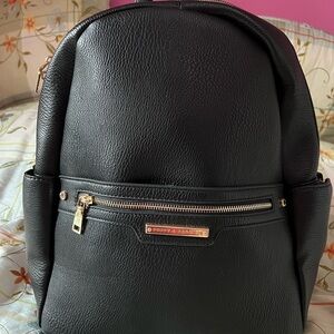 Poppy & Peonies Black Leather Backpack